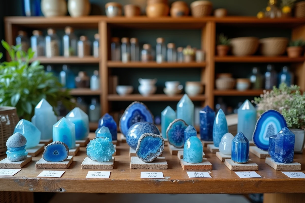 Étagère d'une boutique bien-être remplie de pierres bleues variées avec étiquettes manuscrites, illustrant la symbolique et les propriétés des cristaux bleus