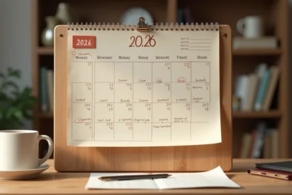 Calendrier mural 2026 avec dates de jours fériés entourées en rouge sur un bureau en bois, tasse de café et stylo posés à côté