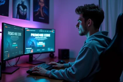 Jeune homme utilisant un code promo Hellcase sur un site de skin gaming depuis son bureau à domicile