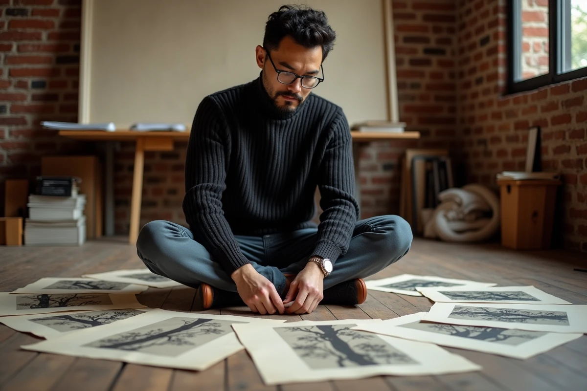 Jeune homme collectionneur étudiant des estampes de Jean Bille dans un atelier d'artiste