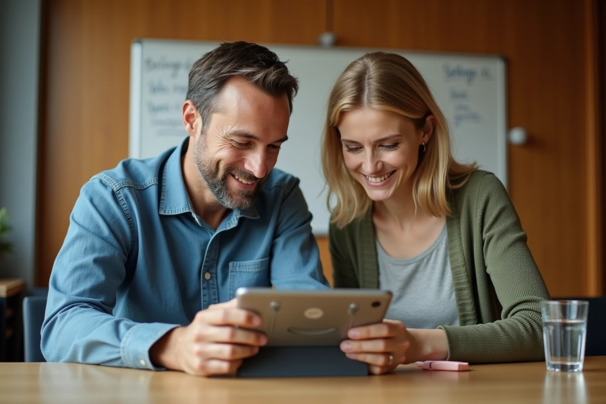 Deux collègues collaborant sur les paramètres de contrôle d'une plateforme d'échange numérique sur tablette