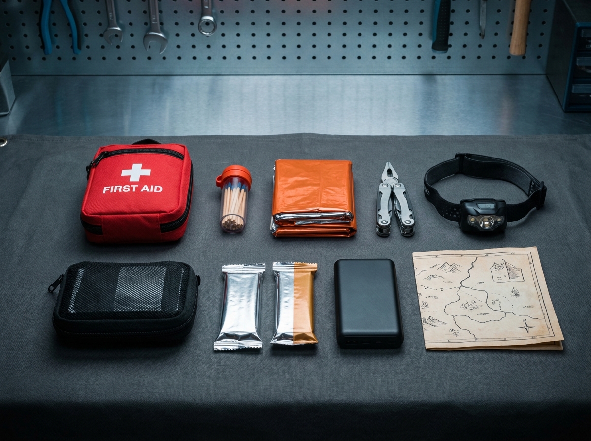 Vue à plat du contenu essentiel d'un sac d'intervention d'urgence avec matériel de survie organisé sur établi