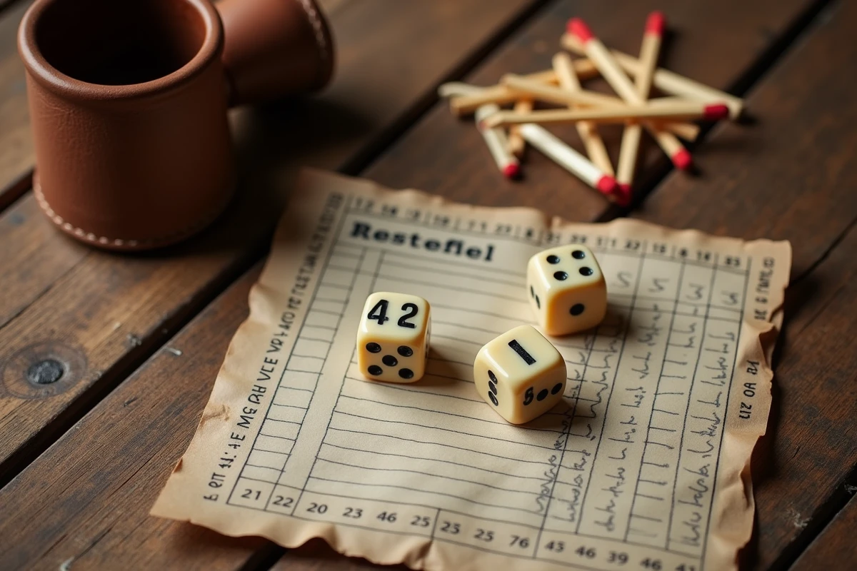 Vue de dessus des dés formant un 421 gagnant avec un carnet de score et des allumettes sur une table en bois