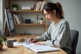 Designer étudiant des spécimens de typographie Helonia Neue imprimés sur son bureau en bois, avec un moniteur affichant l'interface d'installation de police