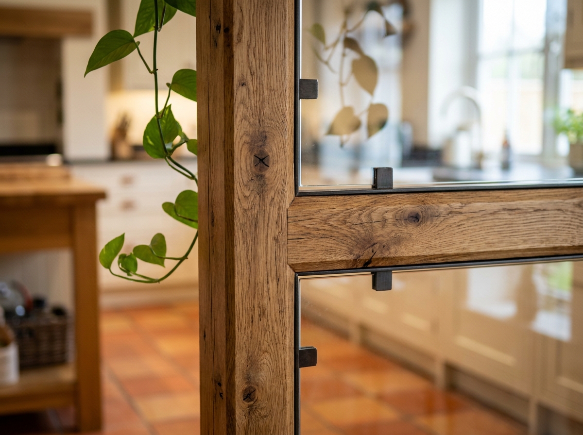 Détail en gros plan du cadre en bois d'une verrière intérieure avec finition huilée et plante verte