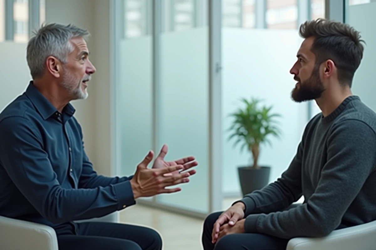 Deux collègues en conversation professionnelle attentive dans un bureau moderne, illustrant l'écoute comme compétence relationnelle clé