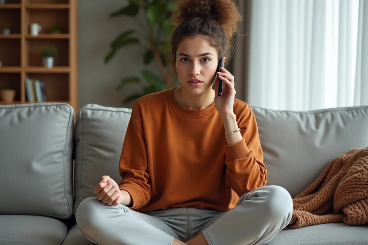 Jeune femme au téléphone avec une expression distraite, illustrant la différence entre entendre et véritablement écouter
