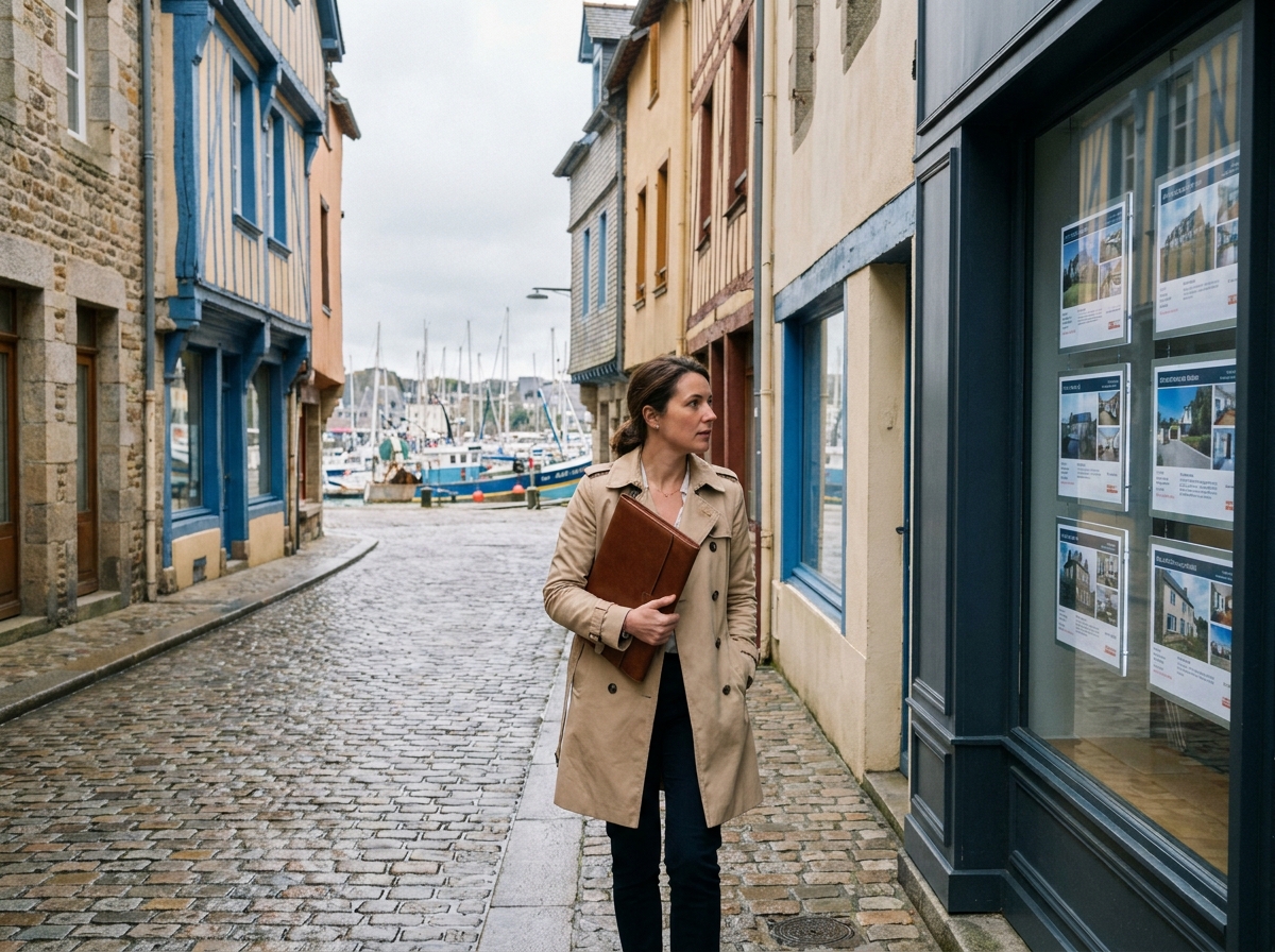 Femme professionnelle consultant des annonces immobilières dans une agence d'un port breton aux bâtiments colorés à colombages