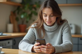 Femme utilisant un annuaire inversé sur son smartphone à la maison