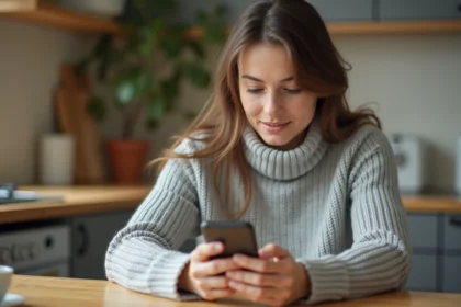 Femme utilisant un annuaire inversé sur son smartphone à la maison