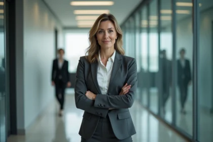 Femme forte et déterminée dans un couloir de bureau moderne, symbolisant la confiance et la résilience professionnelle