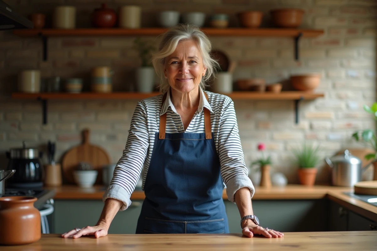 Femme mature et épanouie dans sa cuisine, incarnant la force tranquille et la sagesse du proverbe sur la femme forte