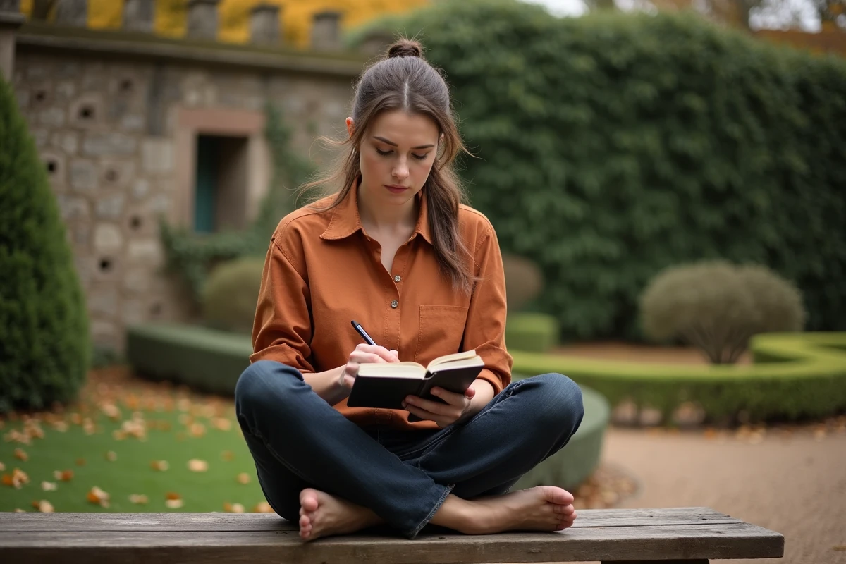Femme inspirante lisant ses notes dans un jardin en automne, évoquant la sagesse et la force intérieure féminine