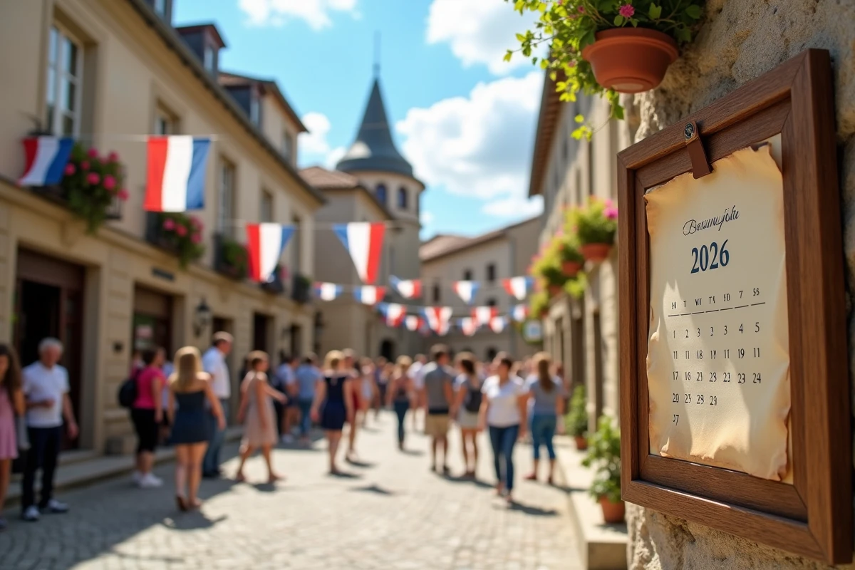 Place de village français décorée de drapeaux tricolores pour un jour férié 2026, tableau d'affichage avec calendrier en premier plan