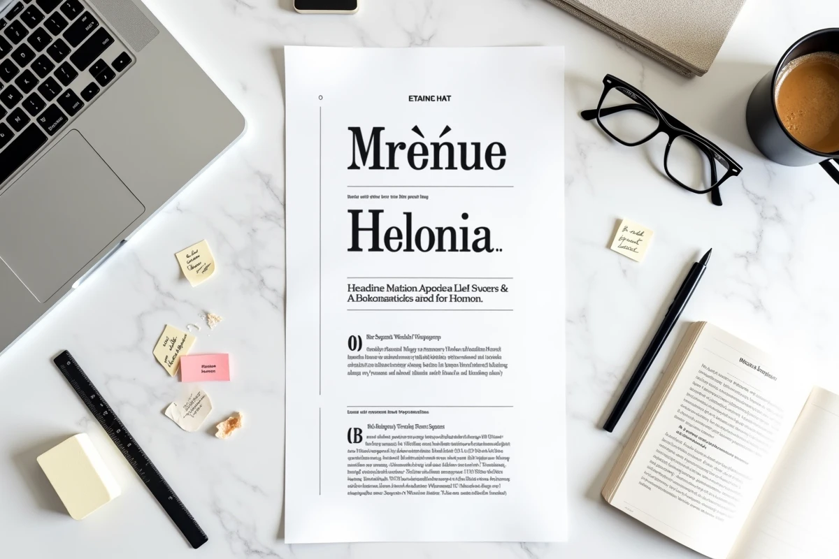 Vue aérienne d'un bureau en marbre avec des impressions de mise en page utilisant la police Helonia Neue, un ordinateur portable et des outils de typographie annotés