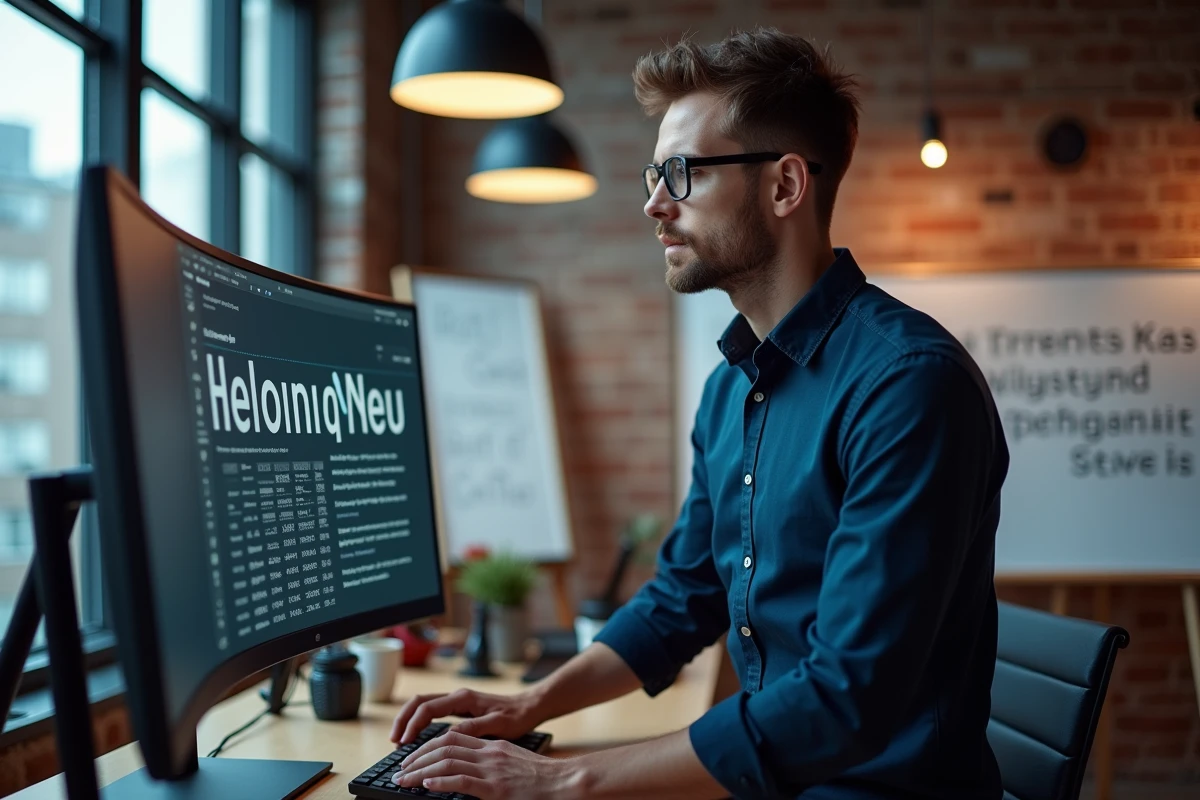 Graphiste masculin comparant les graisses et styles de la police Helonia Neue sur un grand écran dans un studio de design moderne