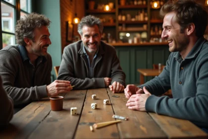 Groupe d'adultes jouant au 421 avec des dés et un cornet en cuir sur une table de bistrot en bois