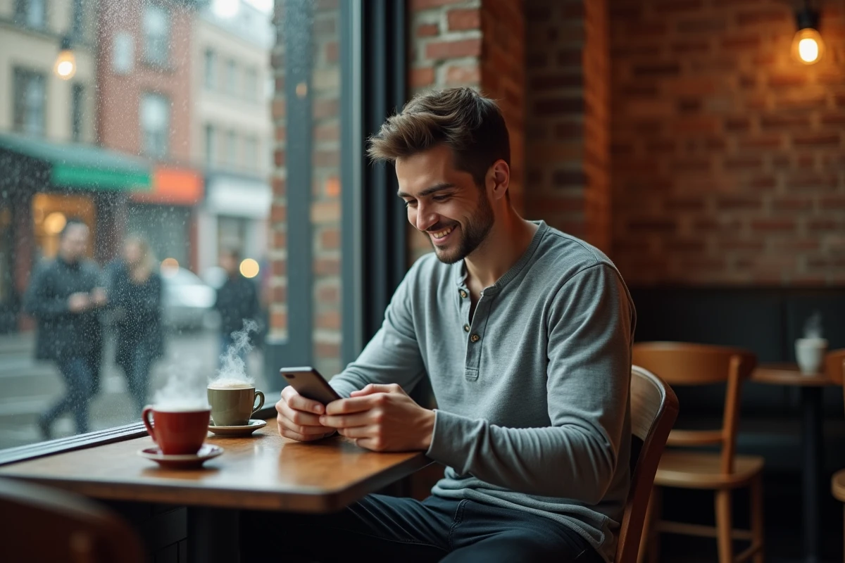 Jeune homme lisant un message touchant d'un ami lointain dans un café, sourire nostalgique près d'une fenêtre pluvieuse