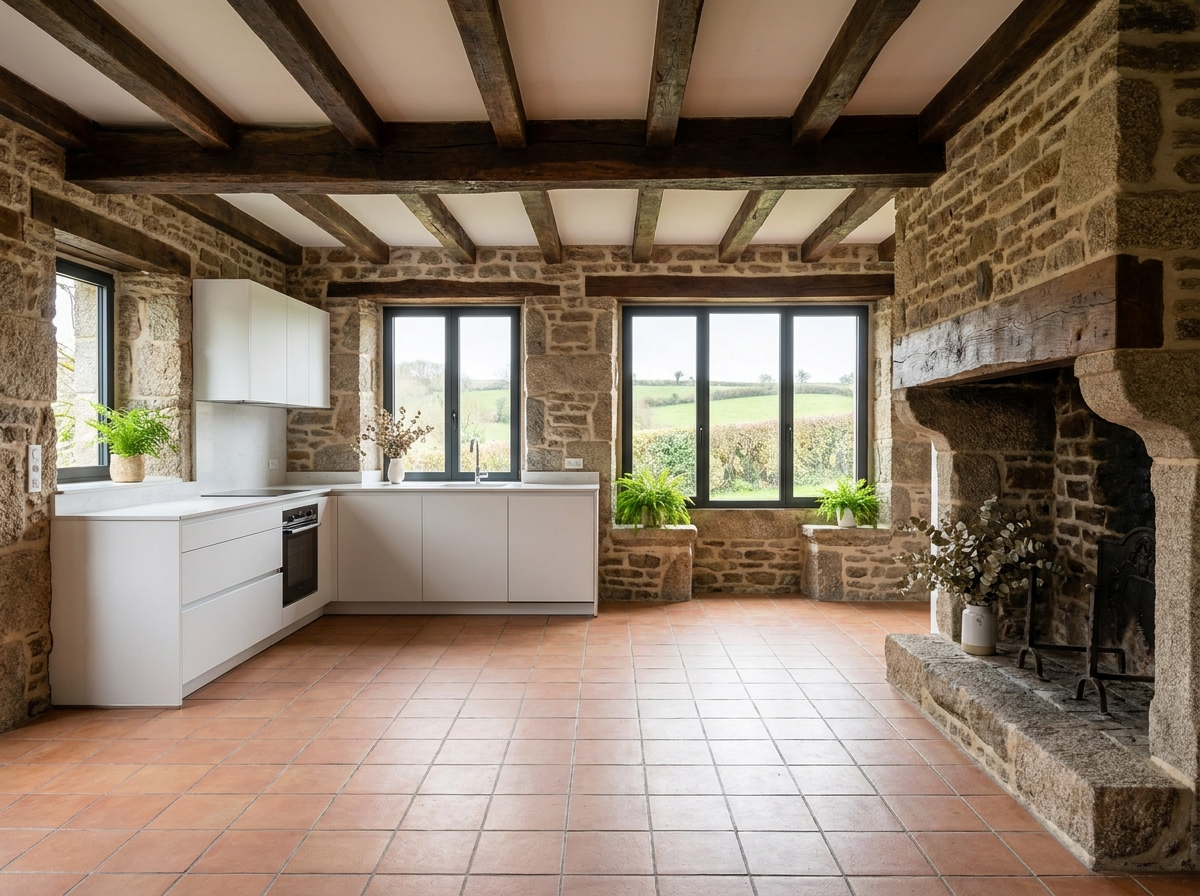 Intérieur rénové d'un cottage breton en pierre avec poutres en chêne, cuisine moderne et vue sur la campagne bretonne