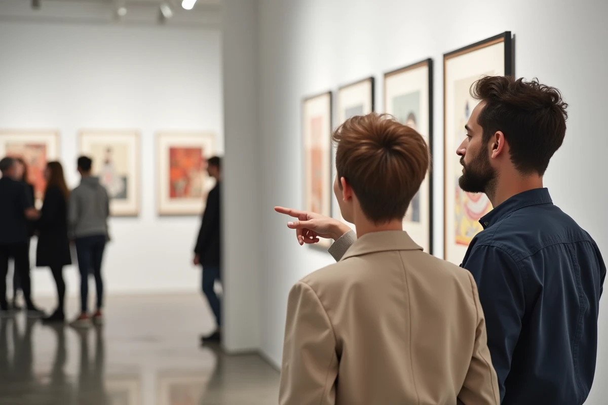 Deux jeunes collectionneurs découvrant des estampes de Jean Bille dans une galerie d'art moderne
