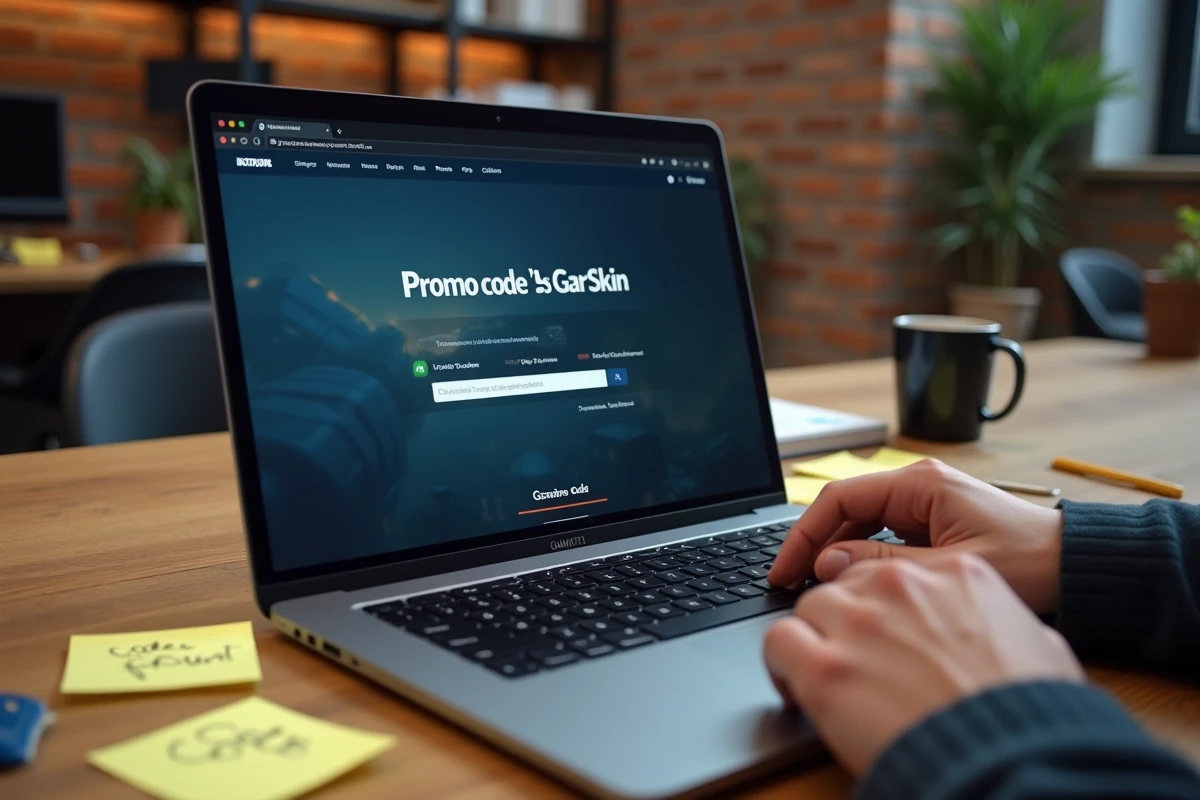 Gros plan sur un code promo Hellcase saisi sur un ordinateur portable posé sur un bureau avec des notes manuscrites