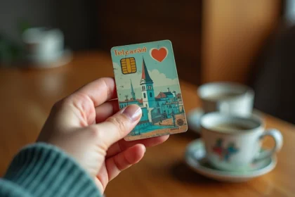 Main de femme tenant une ancienne télécarte France Télécom des années 90, détails usés et chip visible, ambiance nostalgique et rétro
