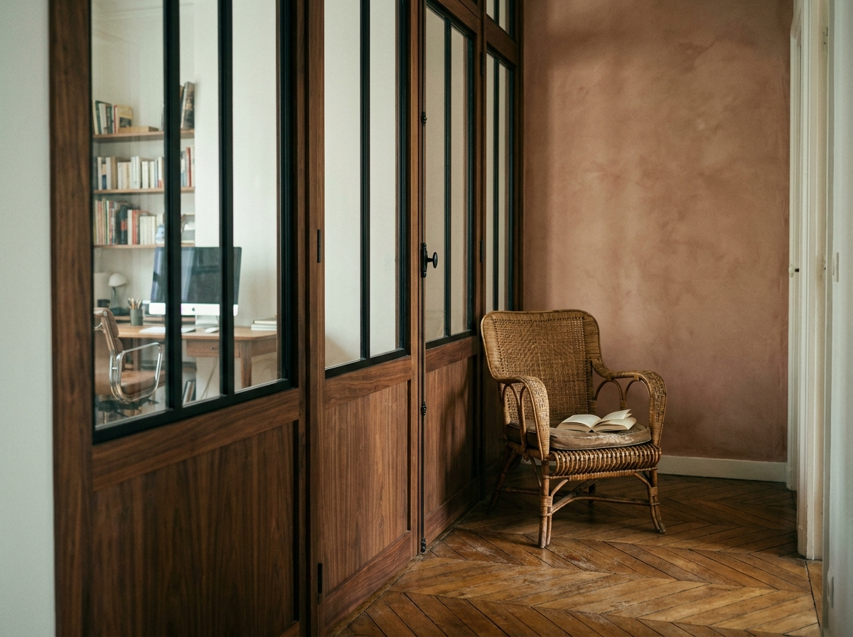 Verrière bois et acier dans un couloir d'appartement parisien avec parquet en chevrons et mur terracotta