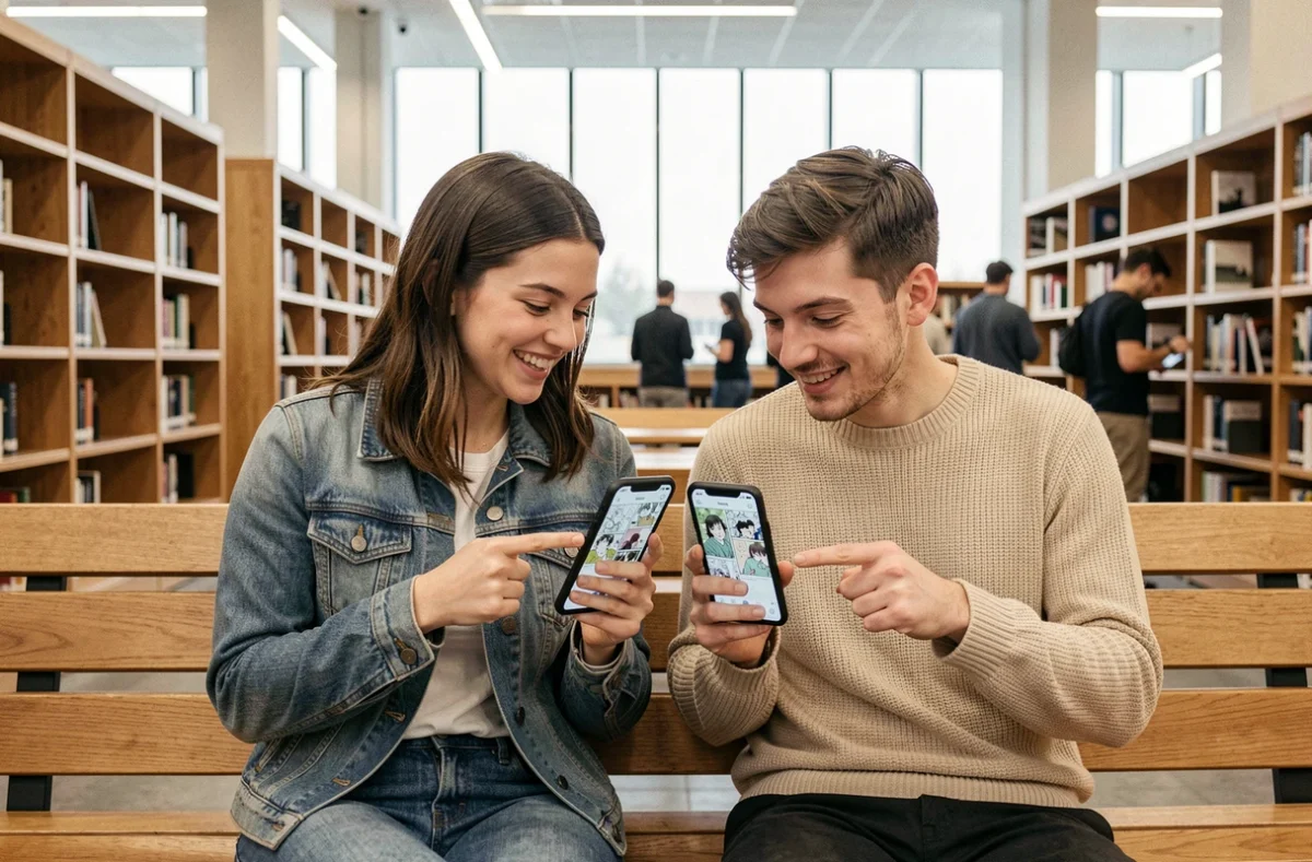 Deux amis partageant leur lecture de mangas sur smartphone dans une bibliothèque moderne, symbole de la popularité des plateformes de manga numérique comme elipson Scan