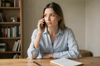 Femme passant un appel téléphonique international depuis son bureau à domicile, simulant un appel vers la Suisse depuis la France