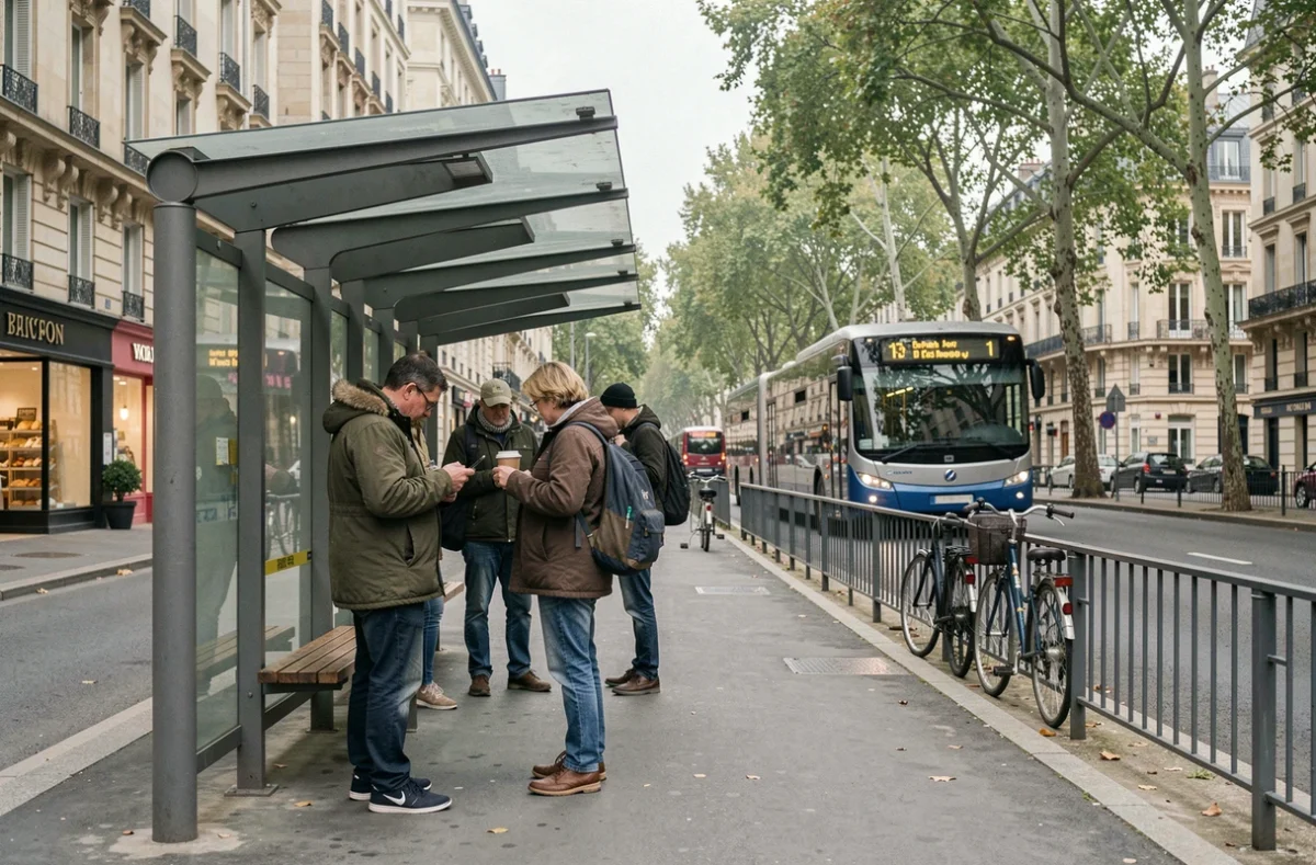 Groupe de voyageurs attendant le bus à un arrêt de la ligne 192 en banlieue parisienne