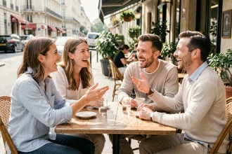 Groupe d'amis adultes qui rient ensemble autour d'une table de café en terrasse à Paris, illustrant une blague bienveillante et inclusive