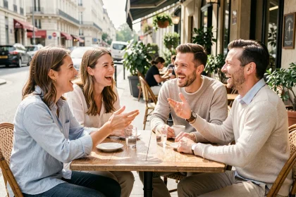 Groupe d'amis adultes qui rient ensemble autour d'une table de café en terrasse à Paris, illustrant une blague bienveillante et inclusive