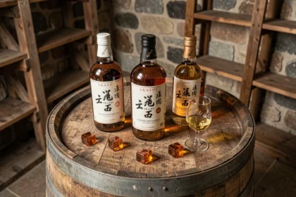 Collection de bouteilles de whisky japonais Akashi disposées en flat lay sur un tonneau en chêne pour un guide de collectionneur
