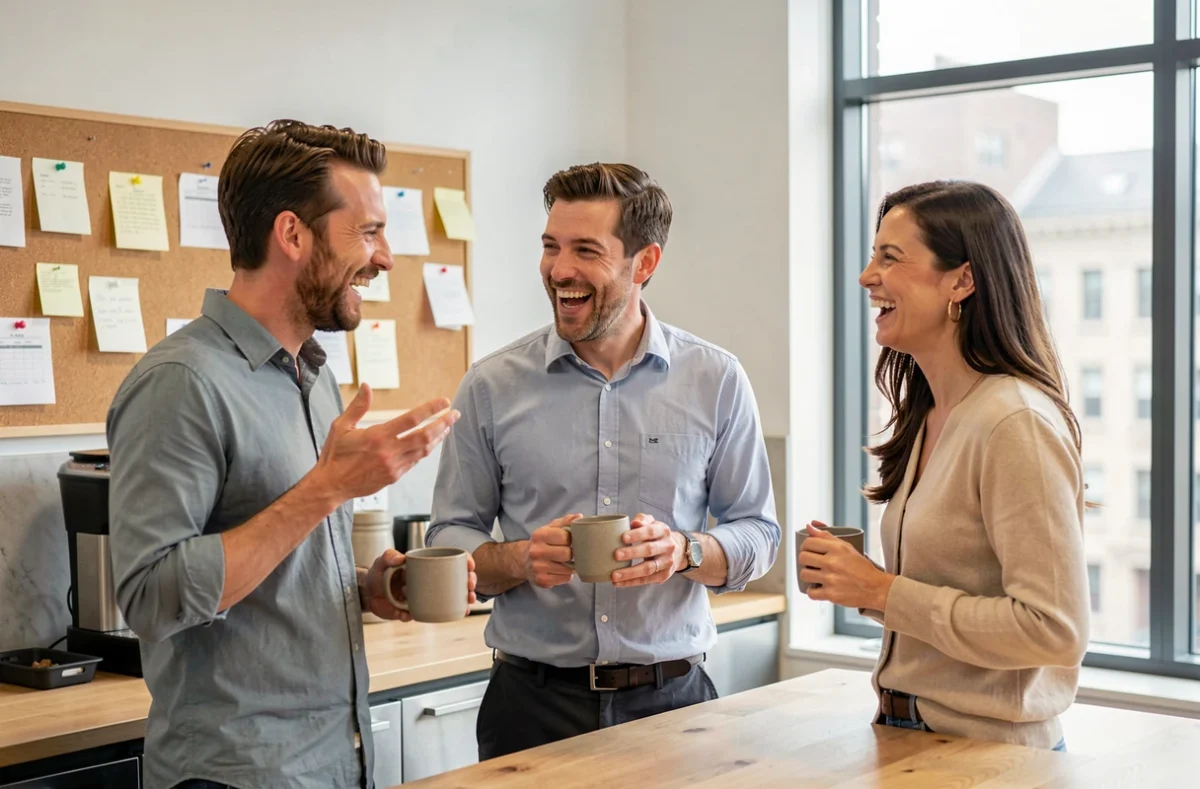 Collègues de bureau de différents âges qui partagent un moment de rire bienveillant autour d'un café dans une salle de pause moderne
