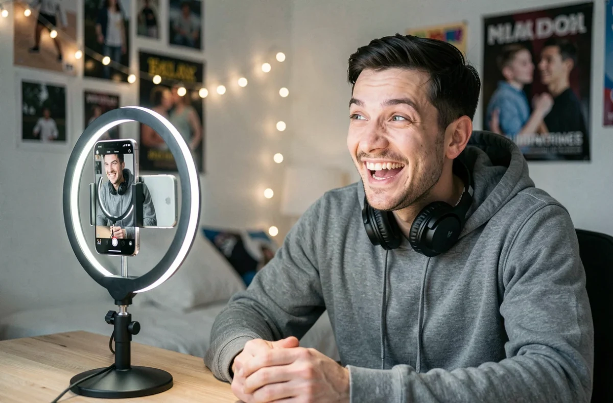 Créateur de contenu enregistrant une vidéo humoristique sur smartphone dans sa chambre, illustrant la diffusion de blagues racistes sur les réseaux sociaux