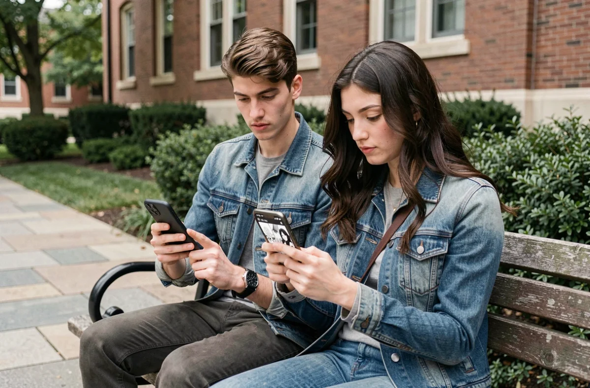 Deux étudiants consultant un site de scans manga sur smartphone en extérieur, illustrant l'usage courant et les risques légaux pour les lecteurs