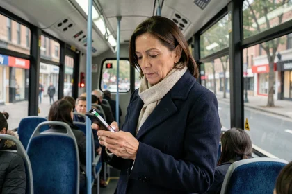 Femme consultant une application de transport en commun dans le bus de la ligne 192