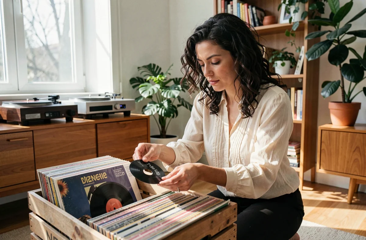 Femme fouillant dans une caisse de vinyles de différentes tailles dans un appartement au style rétro