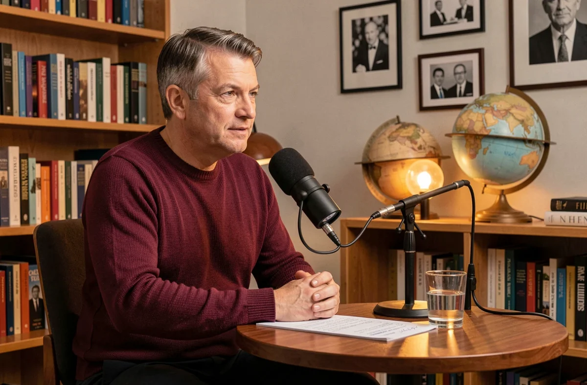 Figure médiatique audio assis dans un studio d'enregistrement intime avec microphone de bureau et bibliothèque en arrière-plan