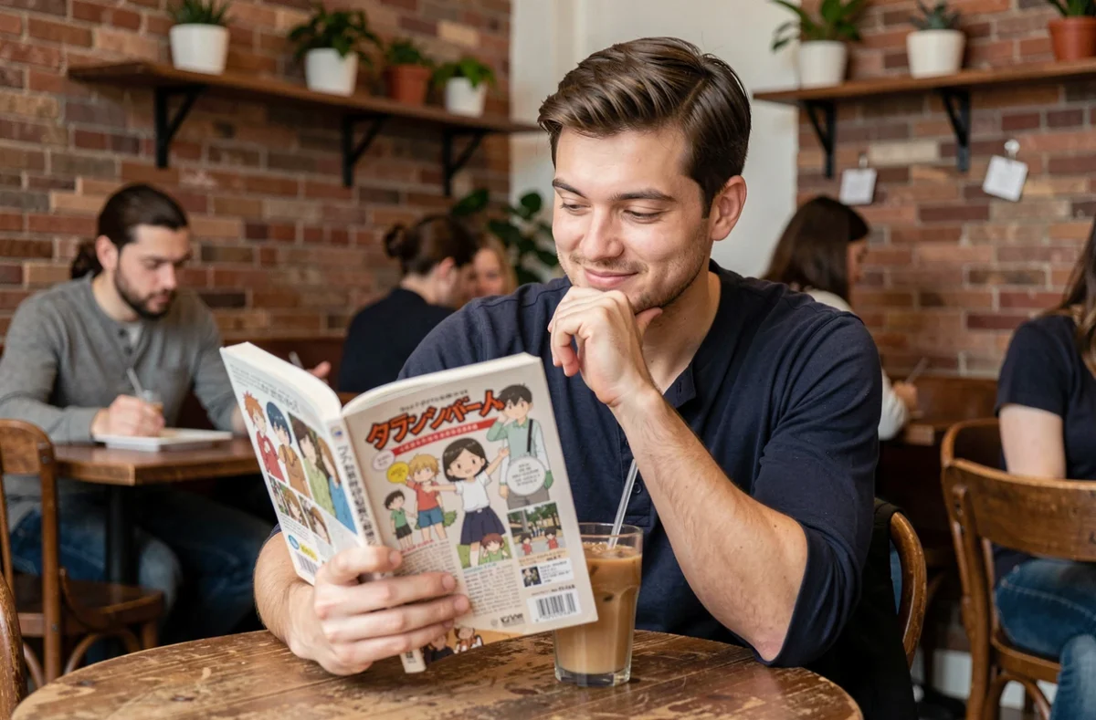 Jeune homme lisant le manga Just Friend dans un café parisien avec un sourire pensif