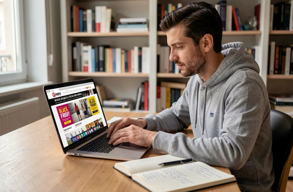 Homme consultant les offres Black Friday sur un ordinateur portable dans un appartement français avec liste de courses manuscrite