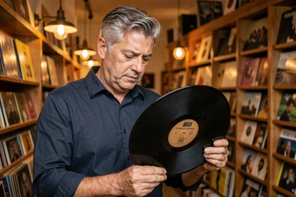 Homme tenant un disque vinyle 33 tours dans un magasin de disques vintage, illustrant l'histoire du format vinyle