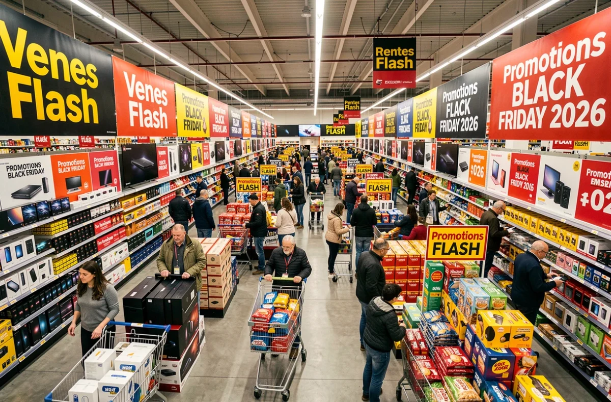 Vue intérieure d'un hypermarché français pendant le Black Friday avec allées de promotions et clients faisant leurs courses