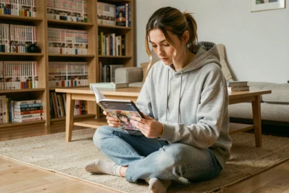 Jeune femme lisant des mangas sur une application de lecture numérique comme elipson Scan, assise sur le sol d'un appartement chaleureux entouré de livres manga