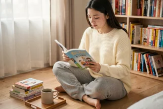 Jeune femme lisant un manga Just Friend dans sa chambre entourée de livres