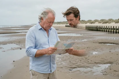 Homme consultant un tableau des horaires de marée sur la plage de Saint-Hilaire-de-Riez à marée basse