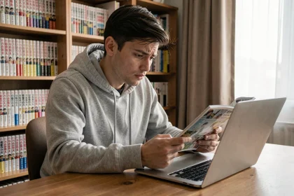 Jeune homme lisant des scans de manga sur son ordinateur portable dans sa chambre, expression préoccupée face aux questions de légalité