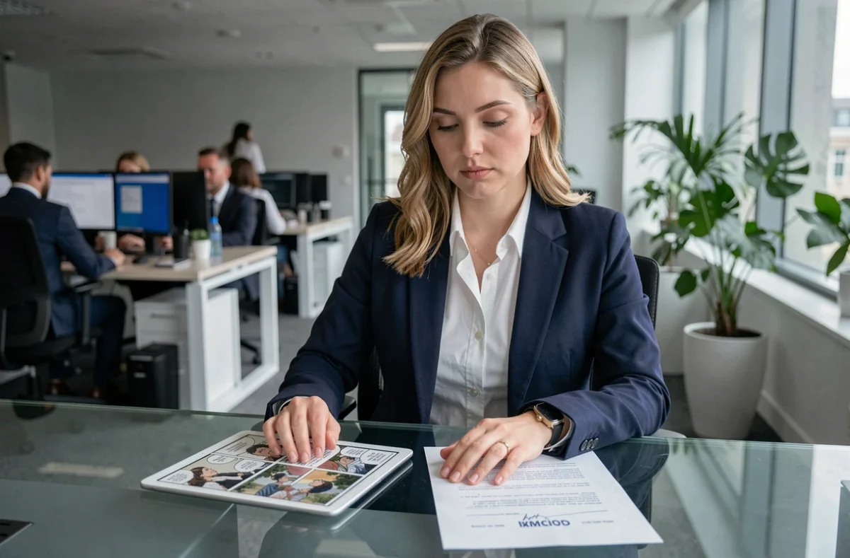 Femme professionnelle consultant des pages de manga sur tablette avec des documents légaux sur son bureau, symbolisant les enjeux juridiques des sites de scans
