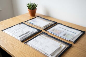 Pochettes transparentes zippées contenant des documents importants classés sur un bureau en bois
