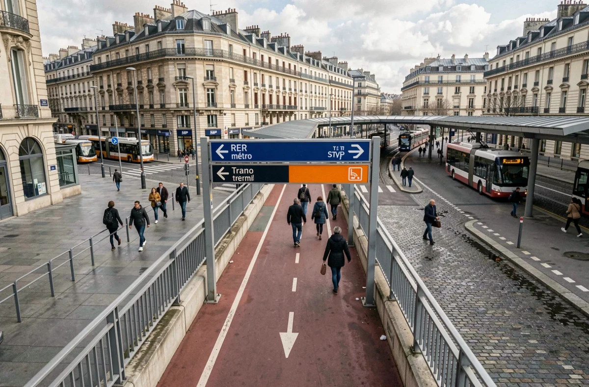 Vue en hauteur d'un pôle multimodal parisien avec correspondances entre métro ligne 9 tram RER et bus